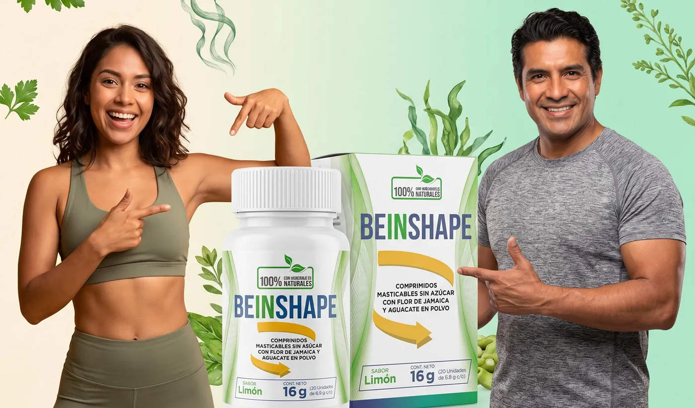 Dos personas sonrientes junto al producto BeInShape