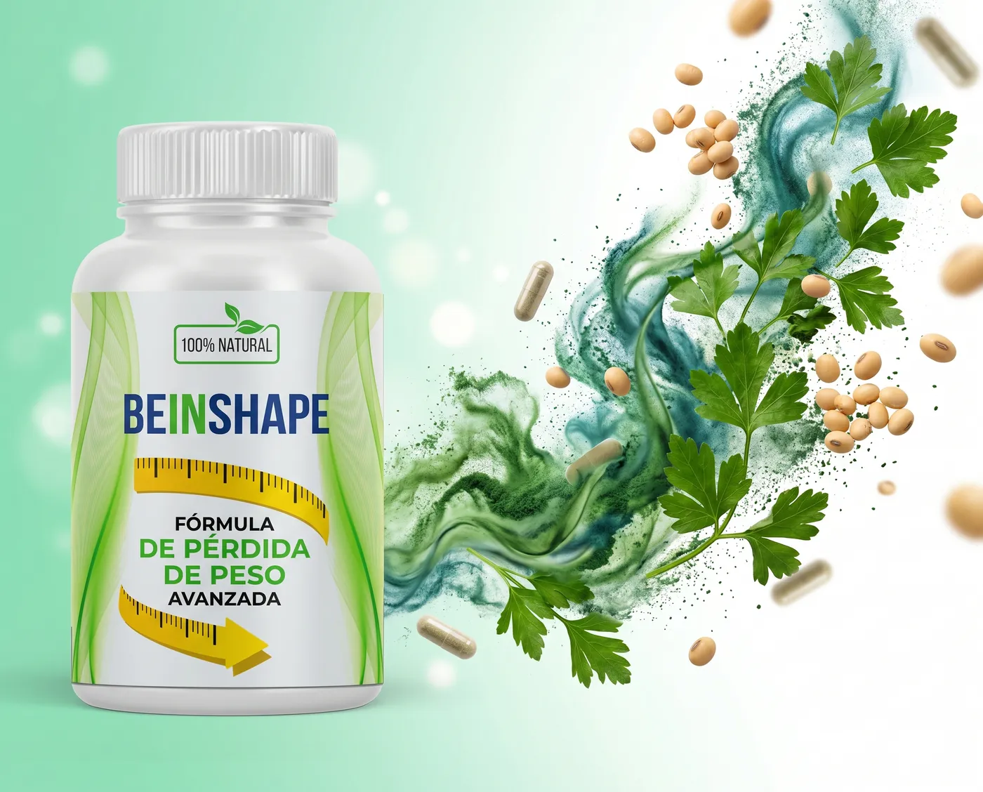 Frasco de BeInShape junto a espirulina, soja y perejil sobre fondo claro
