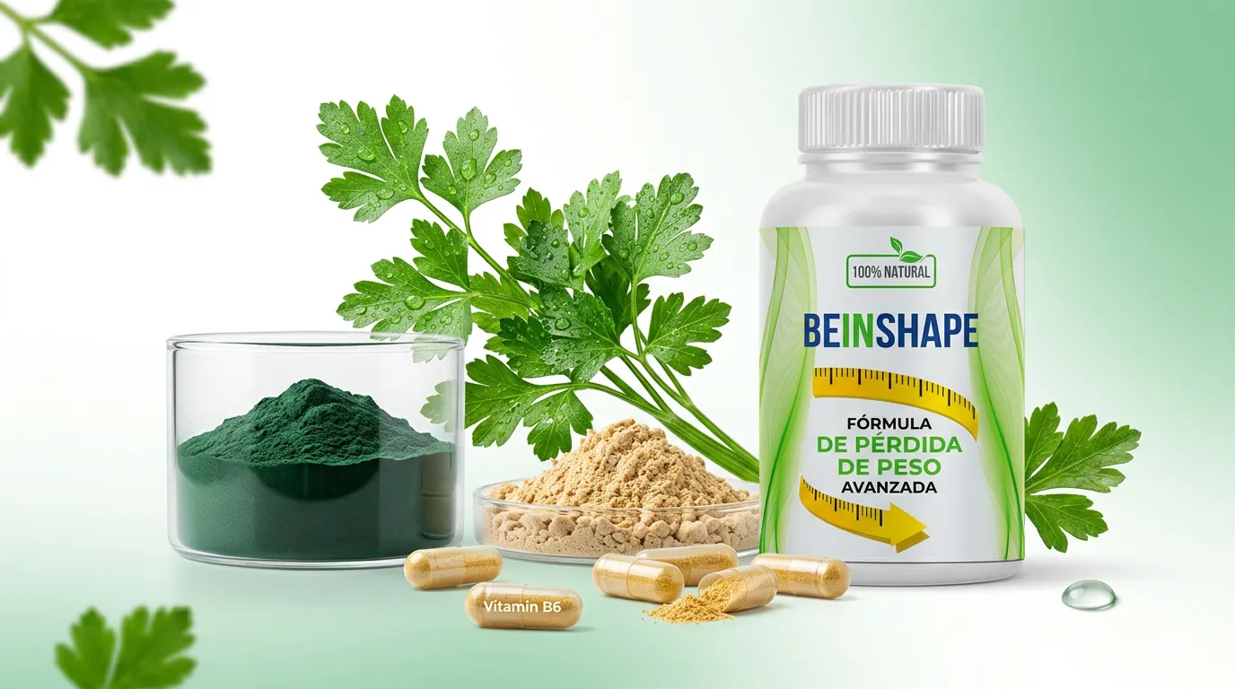 Cápsulas BeInShape junto a un vaso de agua e ingredientes vegetales